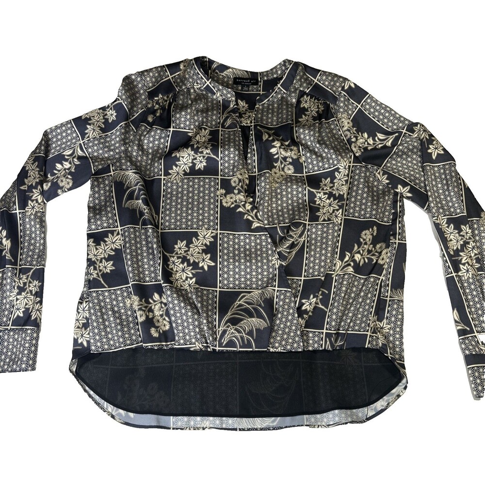 Current Air Floral Textured V-neck Lined Long Sleeve Blouse Blue Gray Cream Sz L